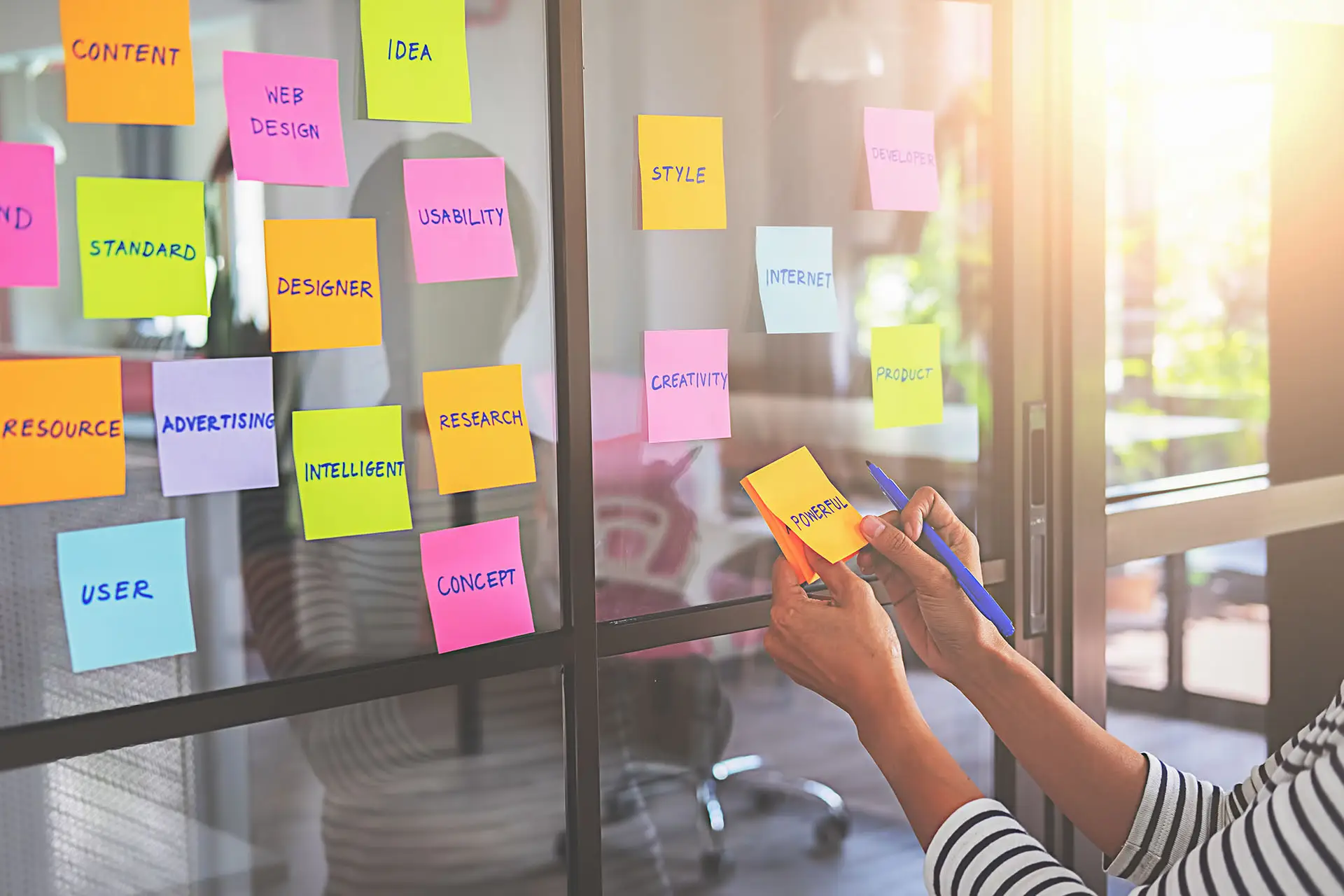 What is UX? This image shows a lady apply sticky notes to a glass wall, each has a consideration for UX - User experience