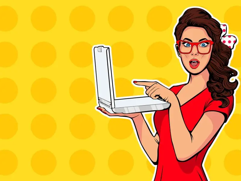 What to Consider When Commissioning a New Website - this pop art style picture shows a bright yellow background with a lady holding a laptop and pointing at the screen