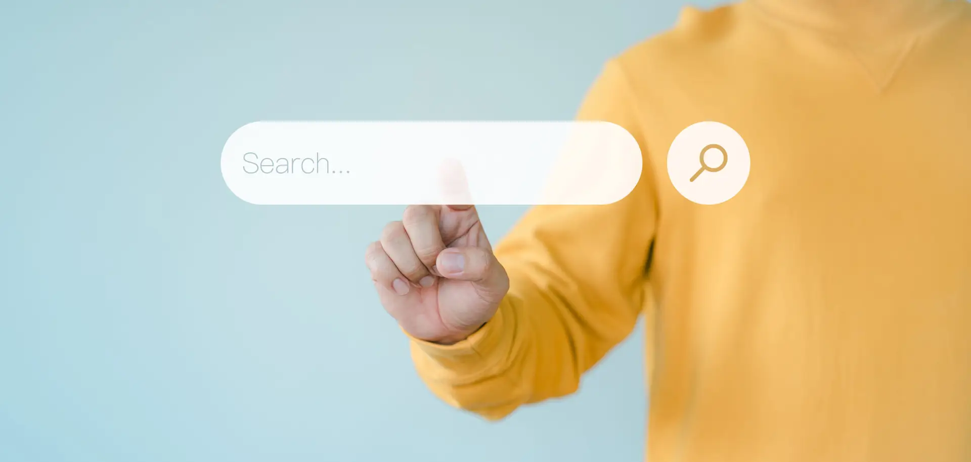 This image shows a pale blue background, with a person in a yellow jumper clicking on a search bar