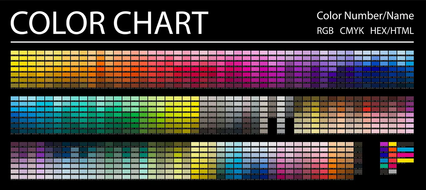 What is the Difference Between Hex, RGB, and CMYK? This graphic shows a comprehensive colour chart with hex, rgb and cmyk values